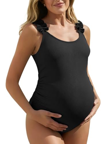 Summer Mae Ribbed Maternity One Piece Swimsuit Ruffle Wood Ears Bathing Suit Scoop Neck Pregnancy Swimwear Black 14