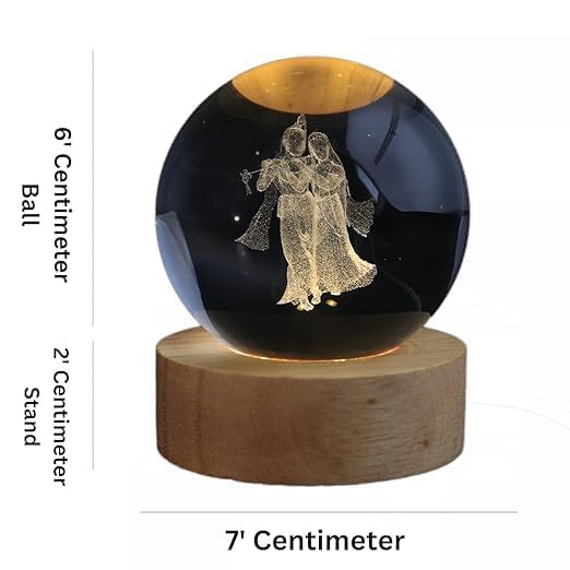 Image of ANTORCHE Radha Krishna 3D Crystal Ball Warm LED Night Lamp with Wooden Base | Spiritual Home Decor Light | Ideal Gift for Pooja Room, Bedroom & Festivals