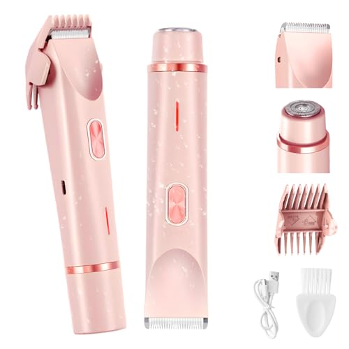 DAOUZL Afeitadora Mujer, 2 en 1 Rasuradora Mujer Zona Intima, Depiladora Zona Intima, Recortadora Corporal para Cara,Axila,Pierna,Bikini,Uso en Seco y en Mojad, IPX7 Impermeable (Rosa)