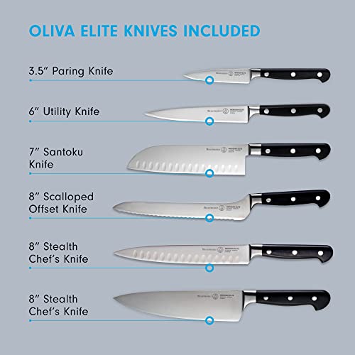 Messermeister Meridian Elite 8-Piece Magnet Block Set - Includes Chef’s, Scalloped Offset, Kullenschliff Carving, Santoku, Carving Fork, Utility & Paring Knife + Magnet Block #TOP2