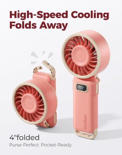 Image of Diveblues Portable Turbo Fan, Pink Travel Fan, Wearable Neck Fan | Small High Speed Handheld, 180 Foldable 4-in-1, Personal Neck Fan with Carabiner Clip, 100 Speed Stepless Control