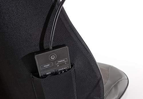 Remote control stored in the side pouch of the massage cushion.