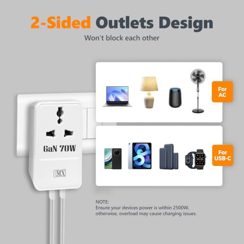Image of MX 70W Universal Travel Adapter UK Plug with Dual USB-C PD Ports, GaN Fast Charger, International Plug Adapter with Universal AC Socket for Laptop, MacBook, iPhone, iPad, Tablet - White