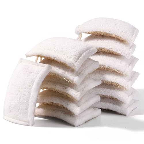 Image of JOYMOOP Compressed Cellulose & Loofah Scrubbers, Non-Scratch Scrub Sponge, Kitchen Sponges for Dishes, 12-Pack, Dual-Sided Dish Sponge for Nonstick Cookware & All Surfaces