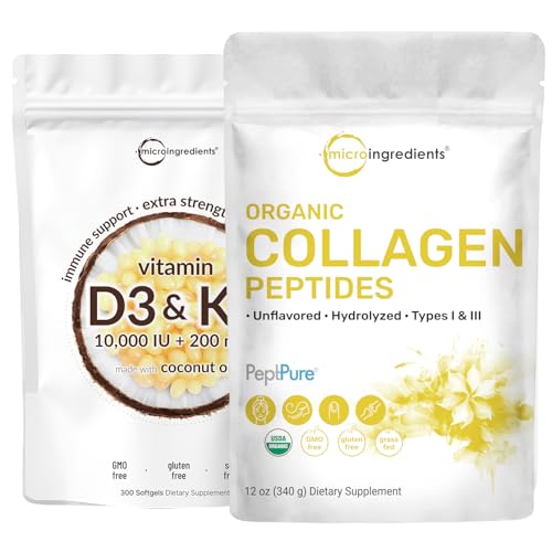 Micro Ingredients Vitamin D3 10000 iu + K2 200 mcg Coconut Oil Softgels & Organic Collagen Peptides Powder Bundle 2 Pack | Essential Sunshine Vitamins | Hydrolyzed Type I & III Bovine Collag