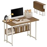 Aerlife Computer Desk 80CM, Foldable Home Office Desk with Storage Shelves, Computer Workstation with Wheels, Modern Simple Writing Desk Gaming Table for Small Space, Easy to Move&Store(Light Walnut)