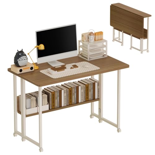 Aerlife Computer Desk 80CM, Foldable Home Office Desk with Storage Shelves, Computer Workstation with Wheels, Modern Simple Writing Desk Gaming Table for Small Space, Easy to Move&Store(Light Walnut)