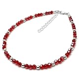 Plus Size Bright Red Glass Bead Anklet with Silver Beads, Handmade Cute Summer Boho Design : Large - XXL 11-13 inches, 4mm Shimmery Faceted Beads