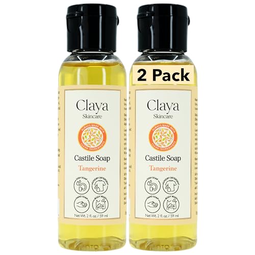 Image of Claya Tangerine Liquid Castile Soap - Organic Ingredients, Biodegradable, Gentle for Sensitive Skin, Versatile Use and Travel Size (2 Pack of 2 fl oz)