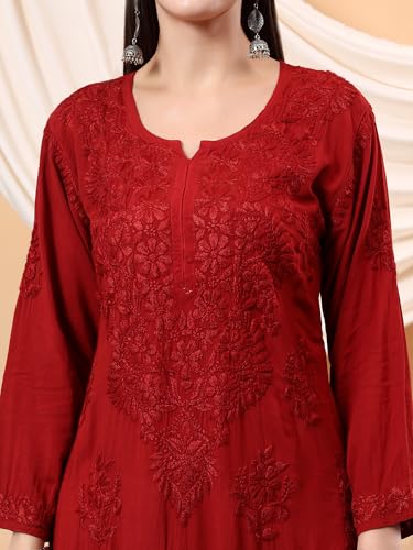 Image of POSHAK CHIKAN STUDIO Women's Hand Embroidered Lucknowi Chikankari Modal Straight Long Kurta, heer