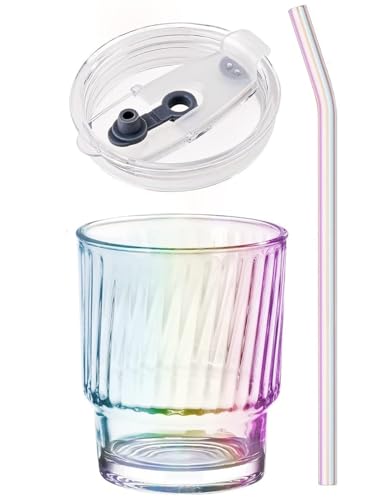 Image of Kamvy Glass Tumblers with Straws and Lids | 400ml Aesthetic Coffee Sipper Mug with Wide Mouth | Rainbow Glass Drinking Mason for Iced Tea | Cold & Hot Beverages Cups (RAIN STRIPPEED)