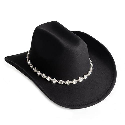 MTKCM White Cowgirl Hats Pinched Wide Brim Cowboy Hat for Women Aty-Black
