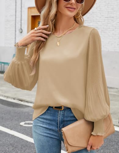 Image of Aifer Womens Tops Dressy Casual Long Sleeve Shirts Chiffon Blouses | Sheer Pleated Lantern Sleeves, Crew Neck, Back Keyhole, Versatile, Ideal for Office Workwear, Daily Outfits, Party Looks