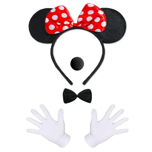 BOOSHMall Damen Maus Mouse Kostüm, Karneval Kostüm Damen, Schleife Haarreifen mit Maus Ohren + Handschuhe + Nase+ Fliege, für Karneval Motto...