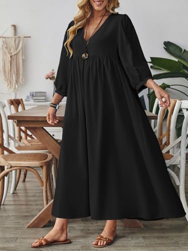 Image of Celmia Autumn Solid Loose Long Maxi Dress Cotton Caftan