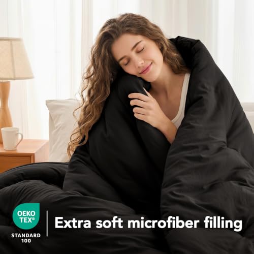 Image of Quataly California King Comforter Set Prewashed Lightweight Quilted Bedding | 3PCS Black Breathable Down Alternative Bedding Set with 1 Solid Comforter (104 inchx96 inch) and 2 Soft Pillowcases