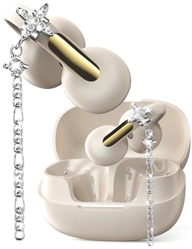 Open Ear Headphones with Dangling Star Jewelry Earrings Wireless Bluetooth 6.0 Clip-on Earbuds 50H Playtime Comfortable Snug Fit Chic Tech Accessories & Gifts for Women&Kids(Elegant Beige)