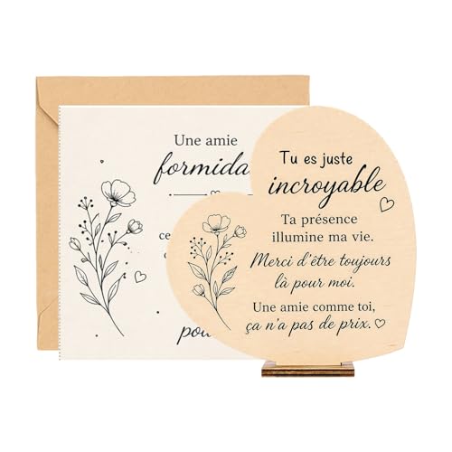 AHEZQILU Cadeau Meilleure Amie Coeur en Bois Déco, Cadeau Copine & Set Carte de Voeux, Surprise Anniversaire Femme Mémorable, Présent Original pour Amitié...