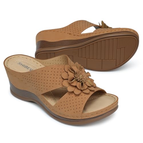 Image of SHIBEVER Womens Wedge Sandals Dressy: Arch Support Slip-On Comfortable Summer Sandals Open Toe Flower Casual Platform Shoes Size 5-11