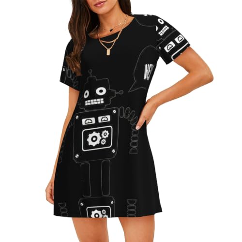 Chemise de nuit femme ample douce anti-transpiration à motif robot noir
