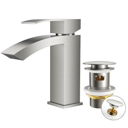 FORIOUS Wasserhahn Bad mit Ablaufgarnitur, Wasserfall Waschtischarmatur mit Auslauf Höhe 100 mm, Mischbatterie Armatur Badezimmer, Gitterauslauf, Energiesparend & Wassersparend, Edelstahl