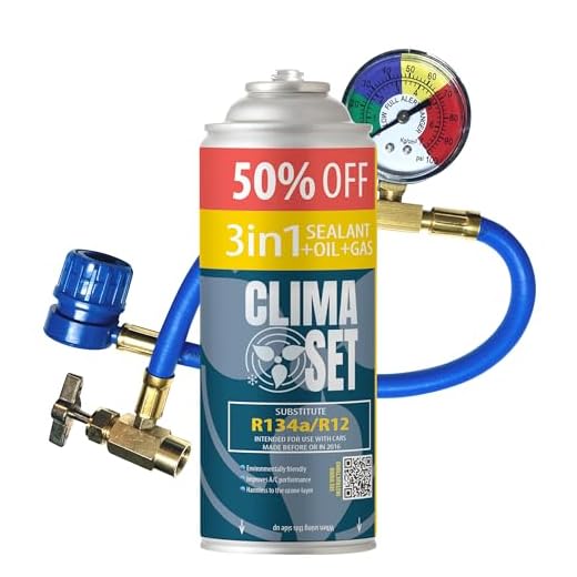 ClimaSet Recambio gas R134a R12 3in1 con manguera - manometro – Kit recarga aire acondicionado coche 1x235 g - Sustituto del refrigerante - Gas aire acondicionado coche - ECO