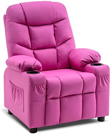 MCombo Big Kids Recliner Chair with Cup Holders for Boys and Girls Room, 2 Side Pockets, 3+ Age Group, Faux Leather 7366 (Pink)