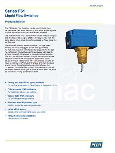 Interruptor de flujo Johnson Controls F61SB-9100 con conexión R1 2