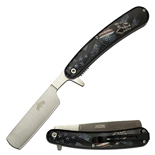 MASTER USA –Spring Assisted Razor Blade Folding Knife – Satin Finish Stainless Steel Blade, ABS Handle w/Embossed Skull Design, Shaving, Grooming, Tactical, EDC, Self Defense- MU-A122A - MASTER USA