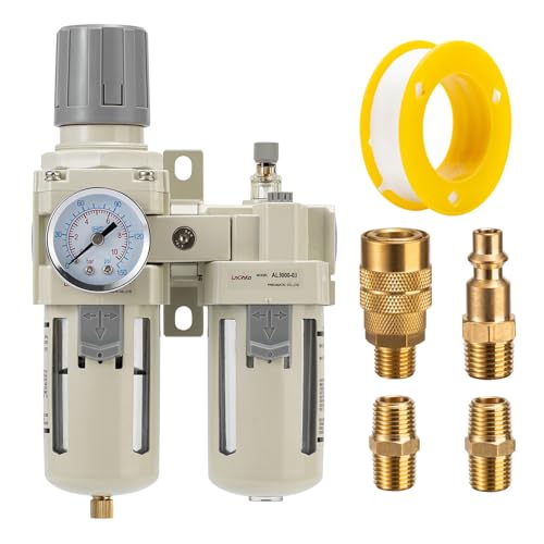 LNCHKA Air Compressor Filter Regulator Lubricator (FRL) Unit,Air Pressure Regulator with Pressure Gauge(0-150PSI),3/8” NPT Oil Water Separator,Semi-Auto Drain,Suitable for Pneumatic Systems