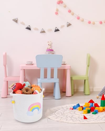 Zaxiva Aufbewahrungskorb Kinder mit Griffen, Wäschekorb Gewebter Baumwollseilkorb mit Stickerei Buntes Regenbogen-Dekor, Aufbewahrung für Organisieren von Kleidung, Badezimmer, Spielzeug(30x30cm)