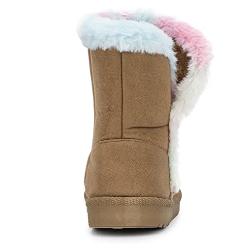 Olivia Miller Kid's Girl Fashion Shoes, Brown Tan Faux Suede Fur Rubber Sole Slip On Round Toe Winter Snow Casual Classic Pull On Bootie Ankle Boots #TOP4