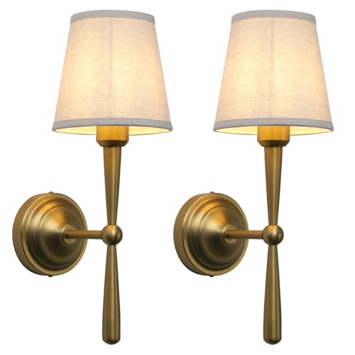 Image of Yosoan Brass Linen Shade Bedside Vanity Wall Sconce Set of 2, Vintage Industrial Hardwired Indoor Boho Gold Wall Mounted with Funnel Textile for Bedroom Stairwell Hallway (Antique)