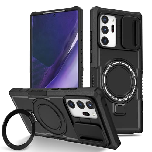 Yarxiawin Phone Case for Samsung Note 20 Ultra 5g with Ring Stand Magnetic Black fits Wireless Charger, Camera Lens Protector Cover for Samsung Galaxy Note 20 Ultra Case Shockproof Anti-Slip (Black)
