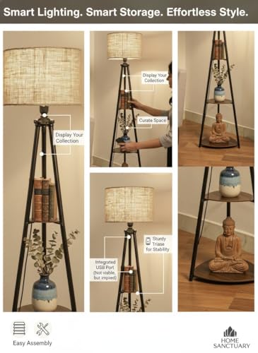 Image of Premium Tripod Floor Lamp with 3 Shelves, Brown Jute, Metal Corner Floor Lamp, for Decoration and Gifting