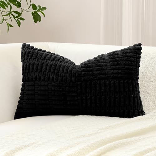 Image of Sungeek Set of 1 Decorative Cushion Cover 40 x 60cm Soft Corduroy Striped Cross Patchwork Textured Pillow Case Boho Farmhouse Lumbar Throw Pillow Cover for Sofa Bed Patio 16x24 Inch, Black