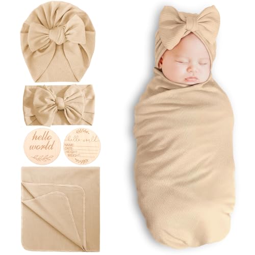 Image of DRESHOW BQUBO Baby Girl Newborn Receiving Blankets with Bow Hat Headband Wooden Birth Announcement Card Set Newborn Baby Swaddle Wrap Set Warm Shower Gift