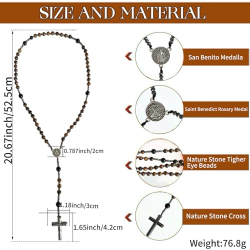 Bovemee San Benito Medalla Catholic Rosaries Rosary Cross Necklace For Men, Nature Stone Rosary Beads Christian Prayer For Catholic Gift4