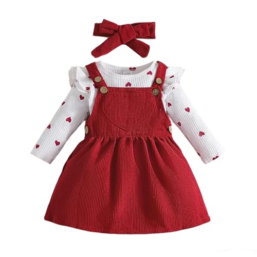 Yoolhamy Baby-Mädchen-Kleidung für Neugeborene, Kleinkinder, Mädchen, Kleid, Outfit, langärmelig, Rüschen, Strampler mit Schleife, Stirnband, Set für 0–18 Monate, rot, 80