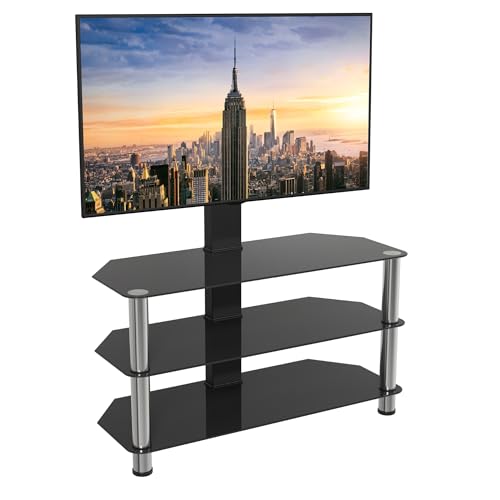 AVF Column TV Floor Stand - 3 Black Glass Shelves & Metal Column Combi TV Unit with Universal VESA Mount Up to 60 & 40kg - SDCL900 (Black & Silver)