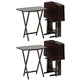PJ Wood 5-Piece Folding Wooden Table Set, TV Tray Tables with Collapsible Storage Rack, Walnut - Portable and Adjustable Home Furniture for Living Room, Bedroom, and Kitchen