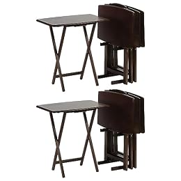 PJ Wood 5-Piece Folding Wooden Table Set, TV Tray Tables with Collapsible Storage Rack, Walnut - Portable and Adjustable Home Furniture for Living Room, Bedroom, and Kitchen