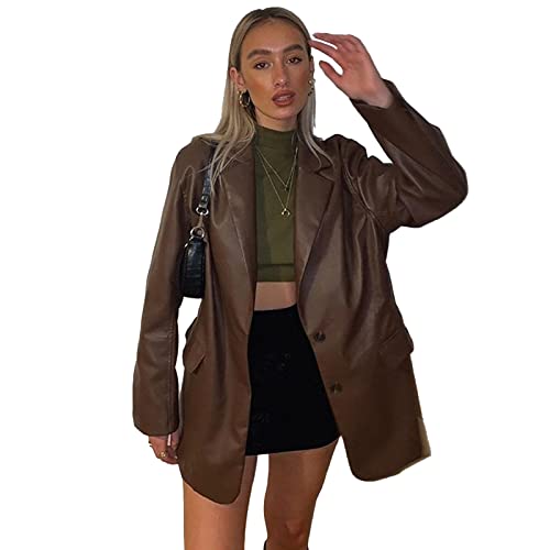 Emiif Veste en cuir synthétique à manches longues pour femme - Grande taille - Blazers à boutons - Manteau décontracté pour femme Cover