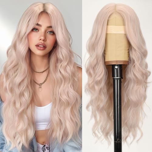 Image of AISI HAIR Light Pink Wig for Women, Long Wavy Lace Hairline Middle Part Synthetic Heat Resistant Wig for Daily Party-26 Inch