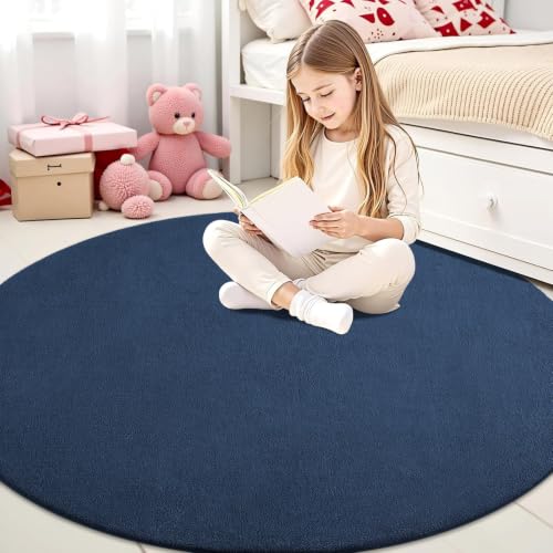 Image of smiry Modern Fluffy Rugs Living Room, Round 120cm, Navy Blue