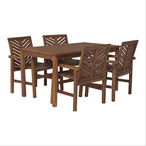 Walker Edison 4 Person Outdoor Wood Chevron Patio Furniture Dining Set Table Chairs All Weather Backyard Conversation Garden Poolside Balcony, 5 Piece, Dark Brown #TOP4