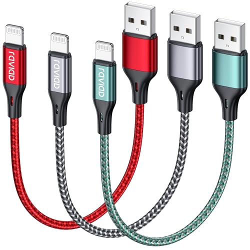 RAVIAD Câble iPhone Court [0.5M/Lot de 3] Cable Chargeur Lightning Certifié MFi Câble Lightning Nylon Tressé Fil Cable USB Charge Rapide pour iPhone 14 13 12 11 Pro...