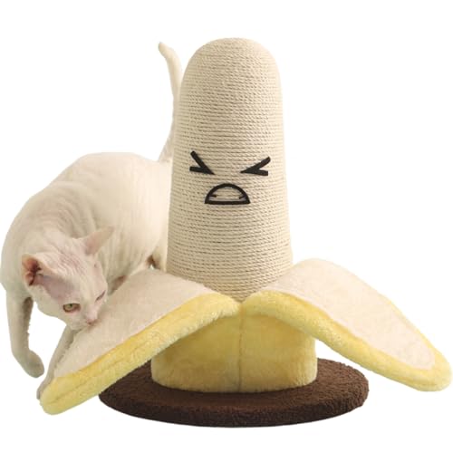 Banana Cat Scratching Post Cute Cat Scratcher Natural Sisal Rope Fluffy Peel & Funny Ouch Face 17.32" Tall for Indoor Kittens (Yellow, One Size)