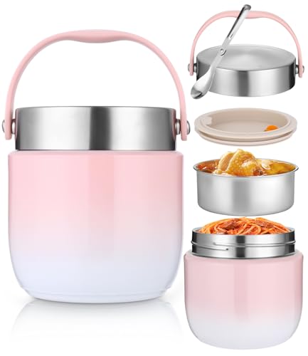 Boîte Repas Isotherme 1200ml,Thermos Alimentaire Chaud, Récipient Alimentaire Isotherme Anti-Fuites avec Cuillère, Thermos pour Déjeuner Garde au Chaud/Froid pour Bureau, École, Pique-nique, Rose