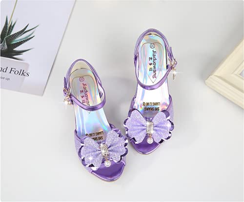 YOGLY Babies Girl buty na obcasie dla dzieci balerina księżniczka z cekinami muszka kapcie Maryjane księżniczka buty na wysokim obcasie dla dzieci impreza pompy, fioletowy, 32 EU